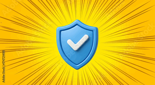 A 3d blue shield icon with checkmark for cyber safety and data protection on a pop art comic burst background