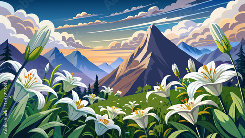 Very beautiful white lilies blooming in the Italian Alps beneath a dramatic sky, vector-style illustration emphasizing delicate flowers, majestic mountains, and serene natural alpine atmosphere.