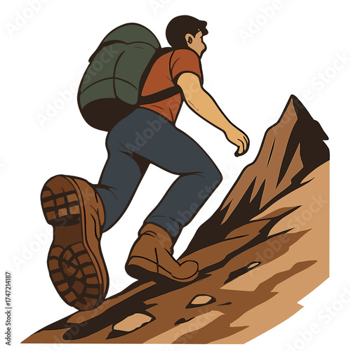 A man climbs a mountain trail, his leather hiking boots captured in close-up, one foot lifted while the other remains planted on the path
