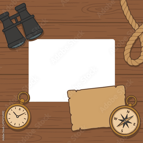 A flat‑lay background for travel or adventure featuring a copy space, with binoculars, a pocket watch, old parchment, a mooring rope, and a compass arranged on a wooden table