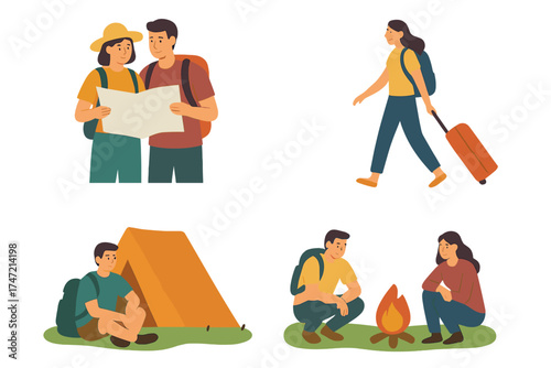 A flat vector illustration featuring a diverse group of travelers, including a man and woman reading a map, walking, and spending time at an isolated campsite or near a campfire, as tourists enjoy