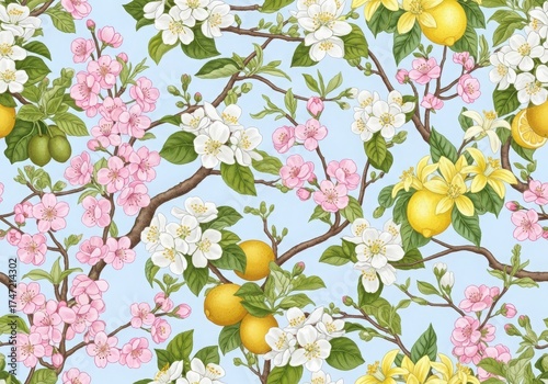 Seamless pattern of blooming cherry and lemon branches with fruits on a light blue background, watercolor illustration