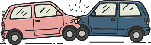 Two small cars front collision accident illustration with pink and blue vehicles in crash impact scene vector 