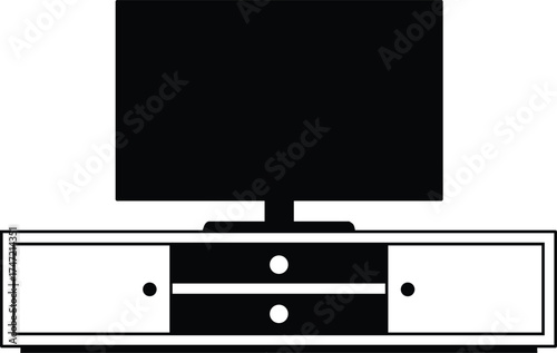 Television on modern media cabinet with drawers and doors vector illustration in black and white style 