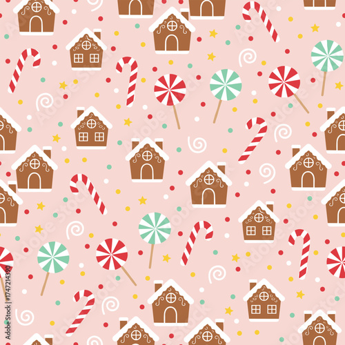 Christmas Pattern Vector. Seamless Festive Treats Christmas Pattern with Gingerbread Houses, Candy Canes, and Lollipops. Sweet Holiday Seamless Pattern Background.