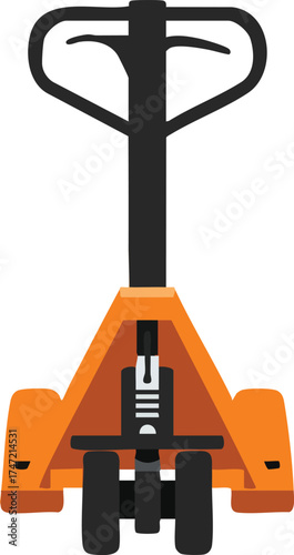 Orange pallet jack front view industrial equipment for warehouse lifting and moving heavy loads vector illustration 