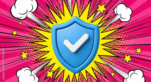 A 3d blue shield icon as a security badge for cyber safety and data protection on a dynamic pop art background