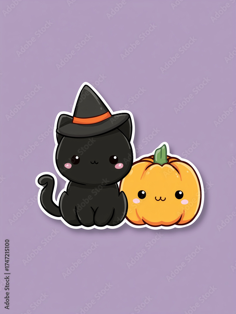 Fototapeta premium Cute kawaii black cat with witch hat and pumpkin on purple background
