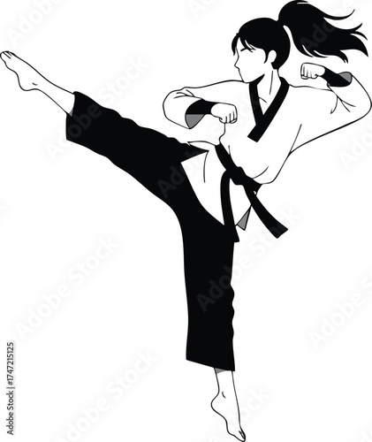 Female martial artist executing high kick in taekwondo uniform with black belt vector illustration 