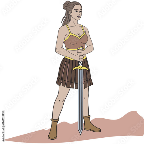 Dynamic female warrior charging with sword, gladiator woman, action pose, strong heroine character illustration