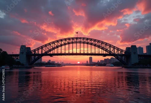 Stunning Sunset Behind Iconic Bridge Silhouette Dramatic Sky Urban Landscape Reflection