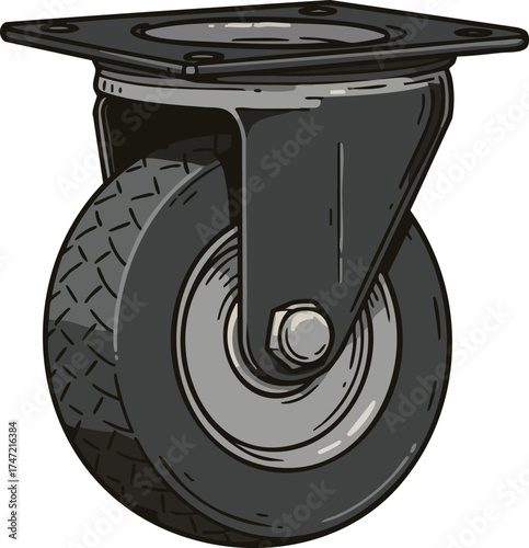 Industrial black caster wheel with metal frame for heavy equipment and furniture mobility vector illustration 