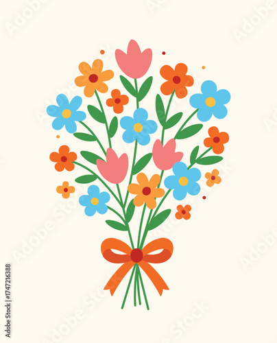 Flat floral bouquet with tulips and daisies, spring flowers illustration.Minimal flat style bouquet of colorful flowers with ribbon bow. Cute floral composition perfect for wedding invitations