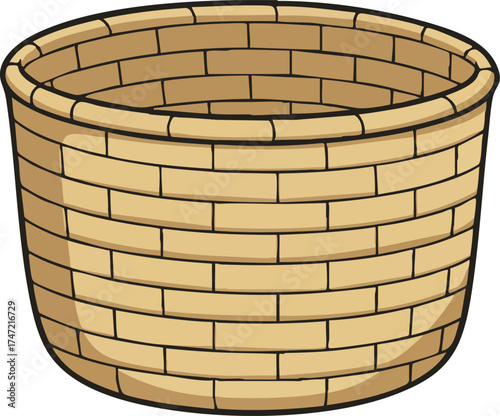 Round wicker basket container made from woven natural materials for storage or decoration in rustic style 