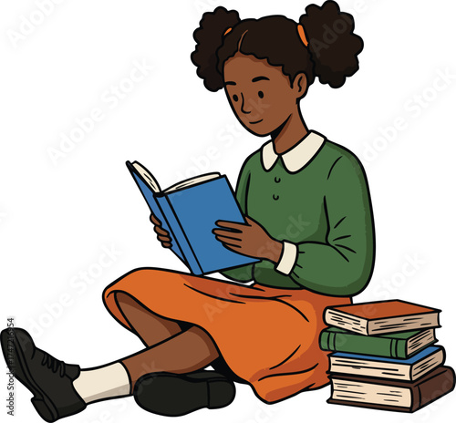 Young girl sitting and reading book with stack of books beside her in casual clothes educational scene vector illustration 