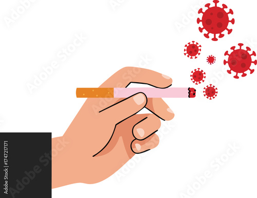 Hand holding burning cigarette spreading red coronavirus particles vector illustration warning health risks 