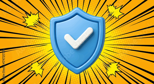 3d blue shield icon with a checkmark, a cyber security and data protection symbol on a pop art background