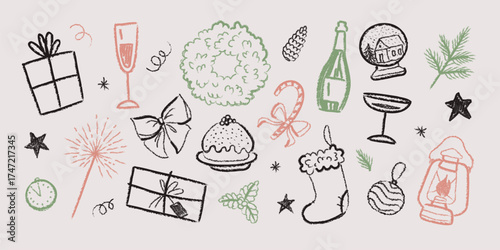 A Christmas retro collection. Doodle Sketch. Textured elements are crafted in a charcoal style. Icons isolated on beige background. Gift, glass of champagne, wreath, sparkler, fir branch.