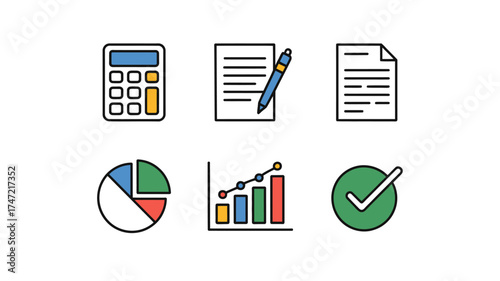  “Finance and Accounting Icons: A Colorful Collection Representing Ledgers, Calculators, Invoices, Money, Data Analysis, and Business Records”