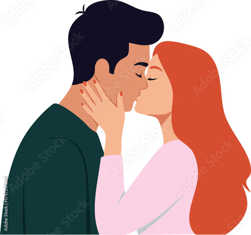 Romantic couple kissing tenderly in love with red hair woman and dark hair man vector illustration 