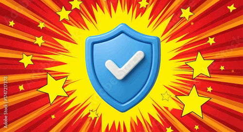 Cyber safety and data protection concept with 3d blue shield icon, a security badge on a colorful comic burst