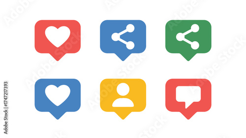 "Essential Social Media Notification Icons: Representing Likes, Shares, Comments, Profiles, and Direct Messages for Digital Communication and User Engagement"