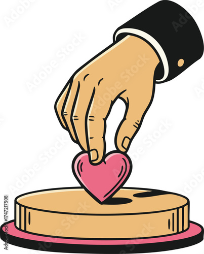 Hand placing pink heart coin into donation box illustration concept of charity and giving care support vector 