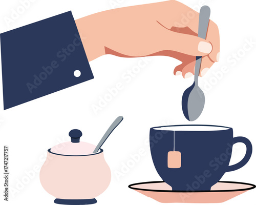 Hand stirring tea cup with spoon and sugar bowl vector illustration in simple flat design style
