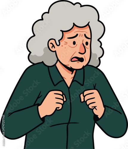 Elderly woman showing worried facial expression in green shirt vector illustration