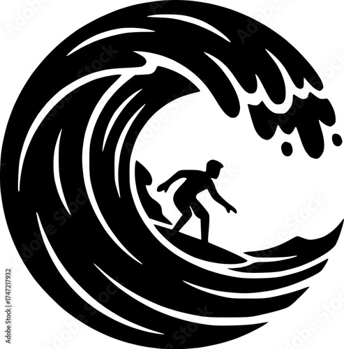 Dynamic black silhouette of a surfer riding a powerful, curling ocean wave in a stylized circular graphic