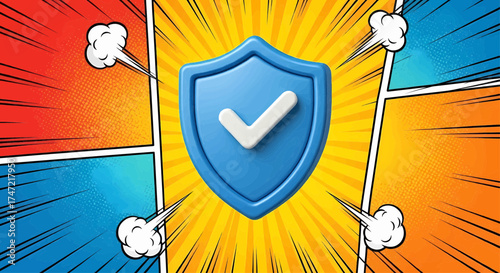 3d blue shield icon for cyber security, a digital defense and data protection symbol on a pop art background