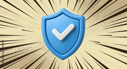 Cyber security concept with a 3d blue shield icon and checkmark for digital defense on a pop art background