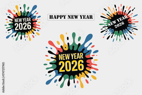 Set of three vibrant abstract paint splatters in black red green yellow with bold New Year 2026 typography for dynamic event marketing and festive celebrations