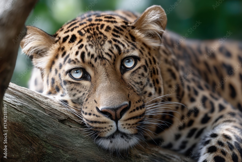 Fototapeta premium Leopard resting peacefully on a branch in a lush, green jungle setting during the day