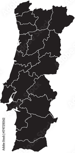 Map of Portugal with Districts Black Silhouette