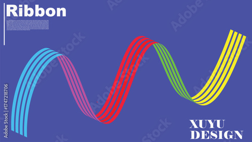 Colorful ribbon wave on blue background linear poster color banner wavy ribbon style