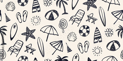 Whimsical hand drawn summer beach vacation icons seamless pattern