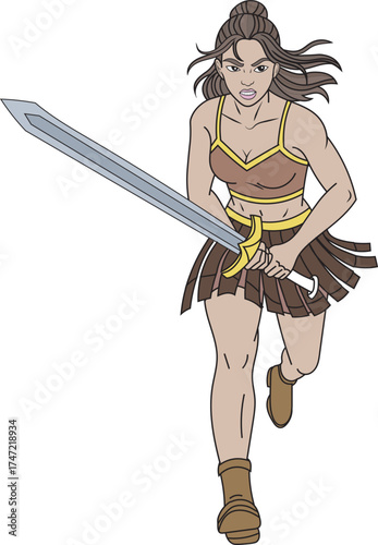 Dynamic female warrior charging with sword, gladiator woman, brown battle costume, action pose, strong heroine character illustration