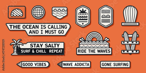 Collection of surf inspired graphic badges and stickers with ocean phrases and illustrations on orange background