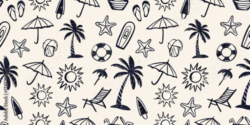 Hand drawn doodle pattern of summer beach vacation elements including palm trees umbrellas and sun