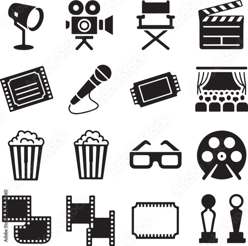 Black and white vector image showcasing cinema and filmmaking elements