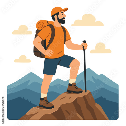 A tourist hiker stands atop the mountain, embodying an active lifestyle
