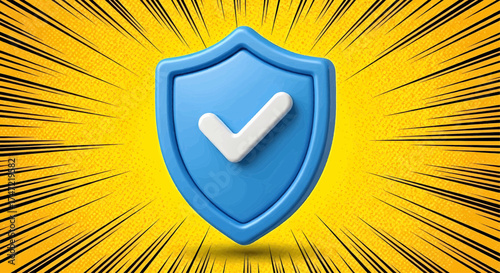 A 3d blue shield icon for cyber safety and data protection. This security emblem on a comic burst background