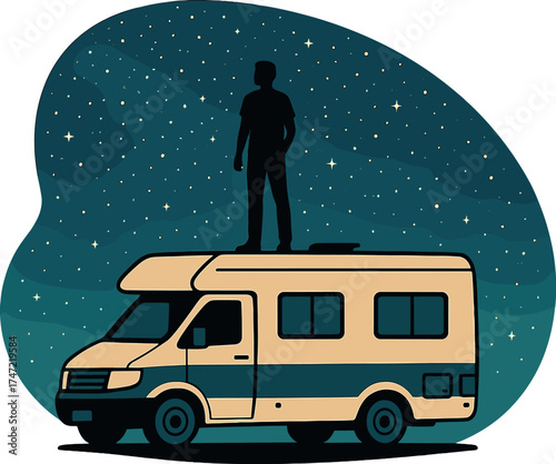 A man stands on the roof of his camper van beneath a star-filled sky