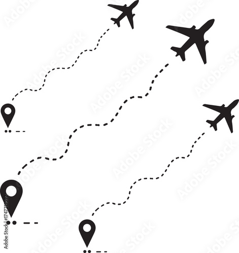 Airplane flight route with start point location pin. Air travel concept with aircraft and destination track.
