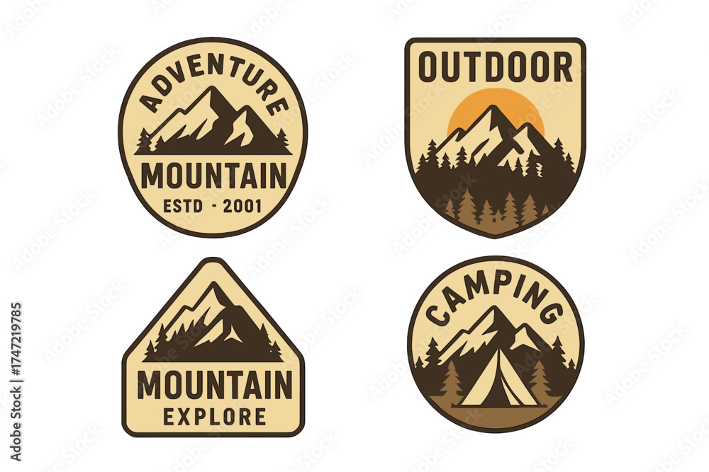 Fototapeta premium A vintage bundle of vector illustrations featuring an adventure mountain outdoor logo symbol design