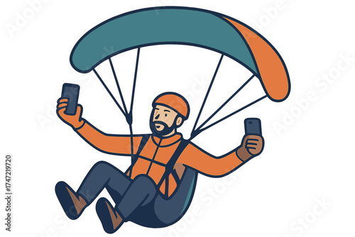 A man paragliding captures a selfie mid-flight – Extreme sport concept – Models by e