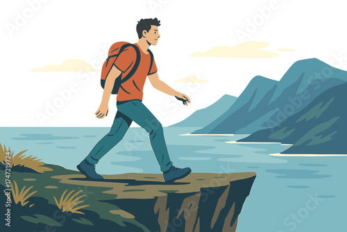 An active man walks alone on a cliff edge above the sea, enjoying an adventurous, healthy lifestyle during summer vacations in Norway, feeling solitude and emotions