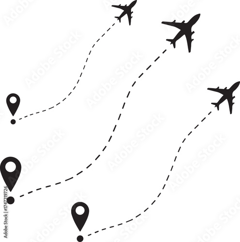 Flight route with airplane and destination pin. Travel path, aircraft flying on a dotted line.