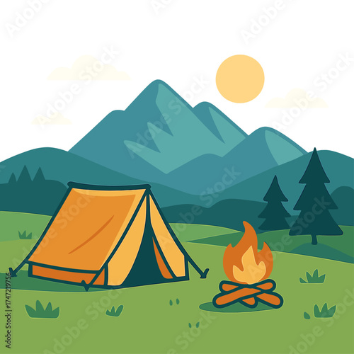 Mountain tourist camp, tent in the foreground